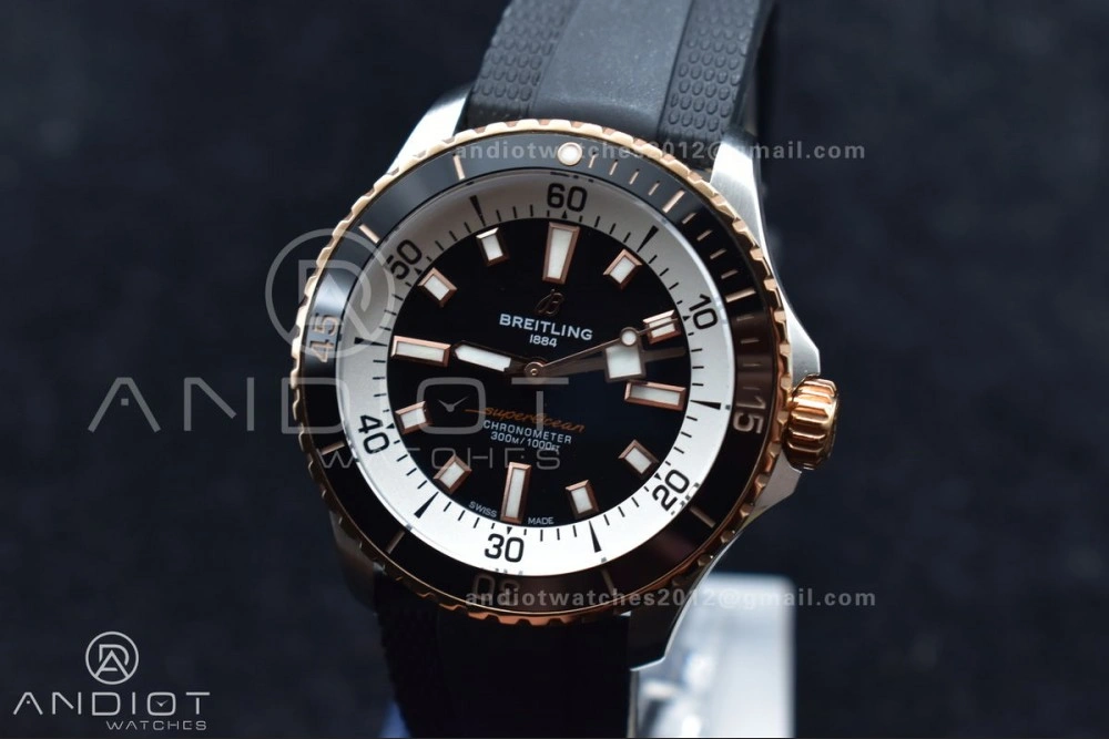 Classic SuperOcean Automatic 42 SS RG BLSF 1:1 Best Edition Black Dial on Black Rubber Strap A 197