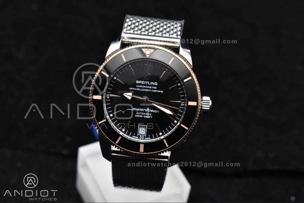 Effortless SuperOcean Heritage II BLSF 42mm SS Black Dial Black Ceramic Bezel on RG Bezel and Rubber Bracelet A 203