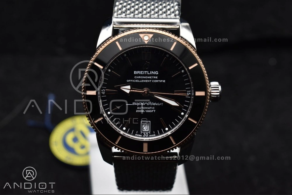 Effortless SuperOcean Heritage II BLSF 42mm SS Black Dial Black Ceramic Bezel on RG Bezel and Rubber Bracelet A 203