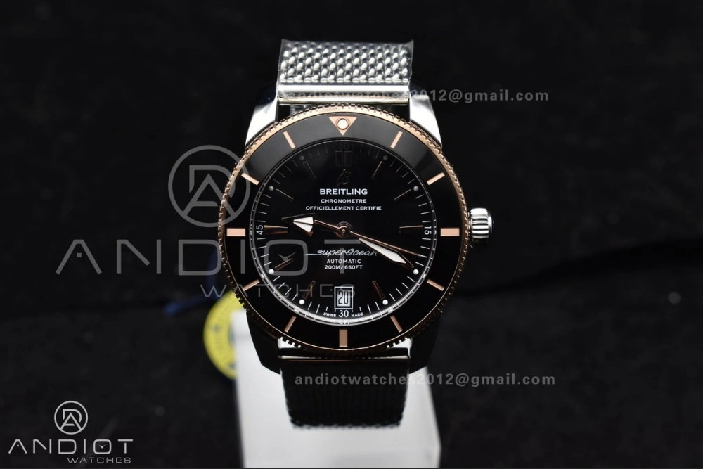 Effortless SuperOcean Heritage II BLSF 42mm SS Black Dial Black Ceramic Bezel on RG Bezel and Rubber Bracelet A 203