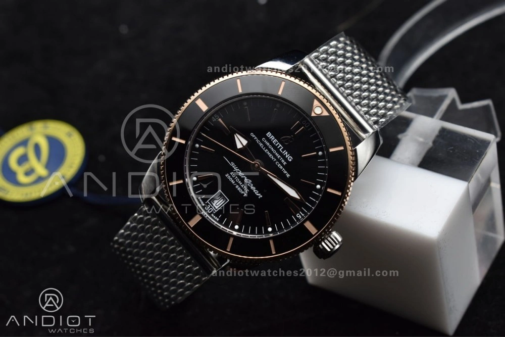 Effortless SuperOcean Heritage II BLSF 42mm SS Black Dial Black Ceramic Bezel on RG Bezel and Rubber Bracelet A 203