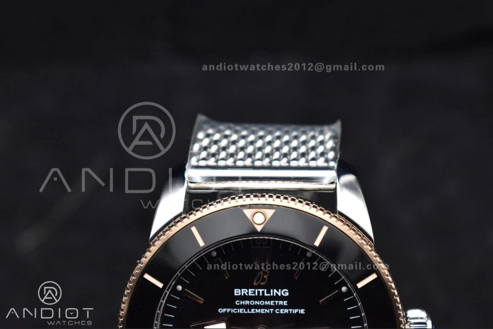 Effortless SuperOcean Heritage II BLSF 42mm SS Black Dial Black Ceramic Bezel on RG Bezel and Rubber Bracelet A 203