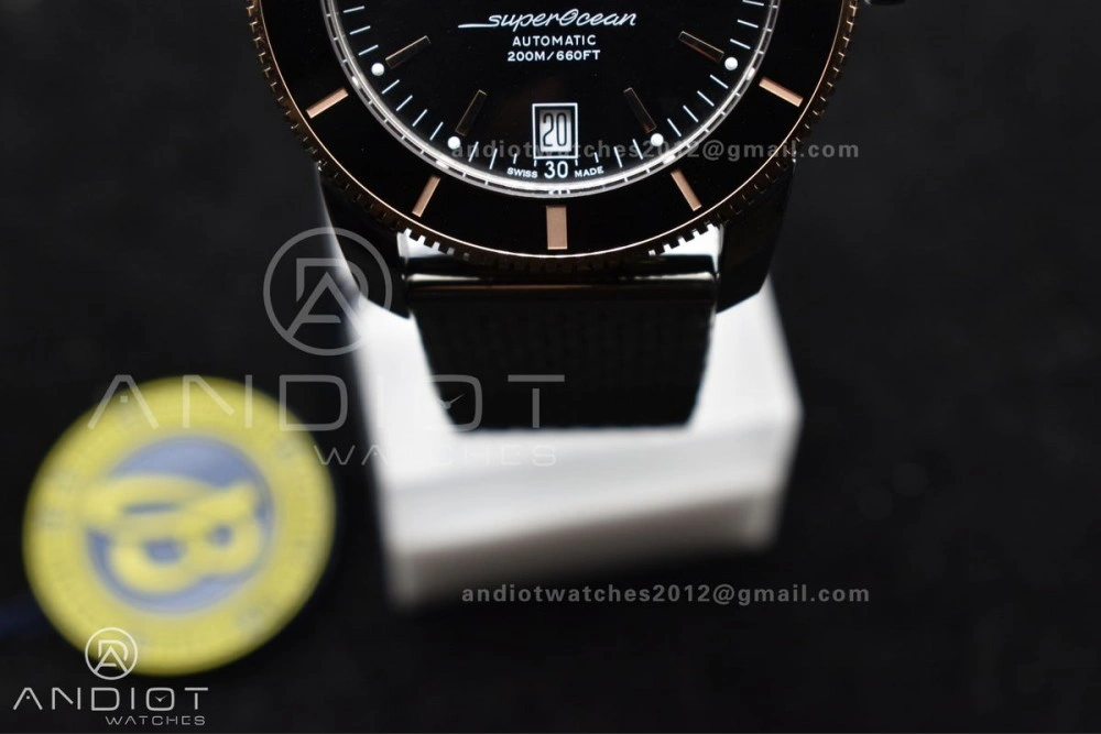 Effortless SuperOcean Heritage II BLSF 42mm SS Black Dial Black Ceramic Bezel on RG Bezel and Rubber Bracelet A 203