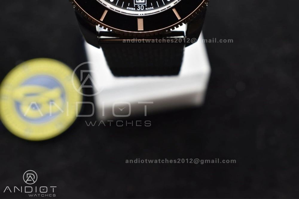 Effortless SuperOcean Heritage II BLSF 42mm SS Black Dial Black Ceramic Bezel on RG Bezel and Rubber Bracelet A 203