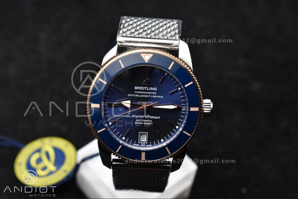 Supportive SuperOcean Heritage II BLSF 42mm SS Blue Dial Blue Ceramic Bezel on RG Bezel and Mesh Bracelet A 204