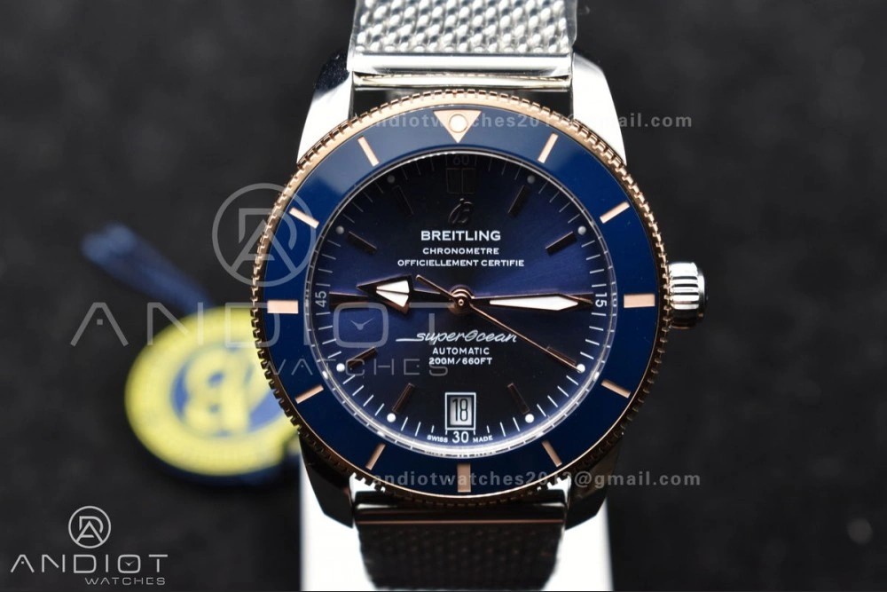 Supportive SuperOcean Heritage II BLSF 42mm SS Blue Dial Blue Ceramic Bezel on RG Bezel and Mesh Bracelet A 204