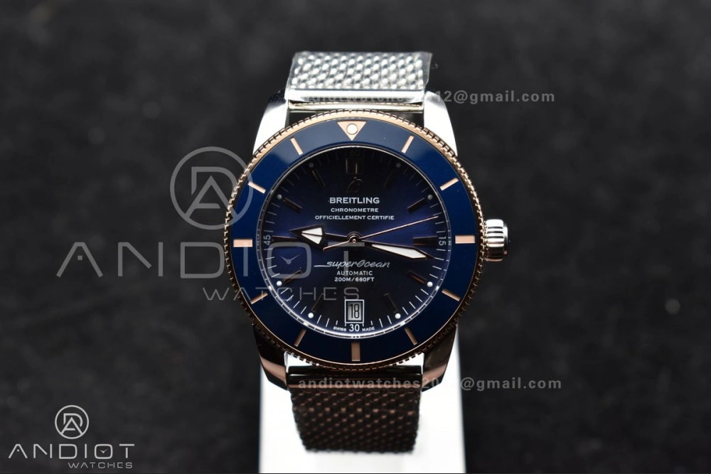 Supportive SuperOcean Heritage II BLSF 42mm SS Blue Dial Blue Ceramic Bezel on RG Bezel and Mesh Bracelet A 204