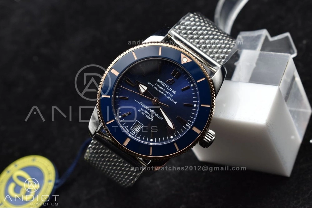 Supportive SuperOcean Heritage II BLSF 42mm SS Blue Dial Blue Ceramic Bezel on RG Bezel and Mesh Bracelet A 204