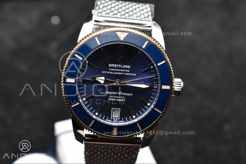 Supportive SuperOcean Heritage II BLSF 42mm SS Blue Dial Blue Ceramic Bezel on RG Bezel and Mesh Bracelet A 204