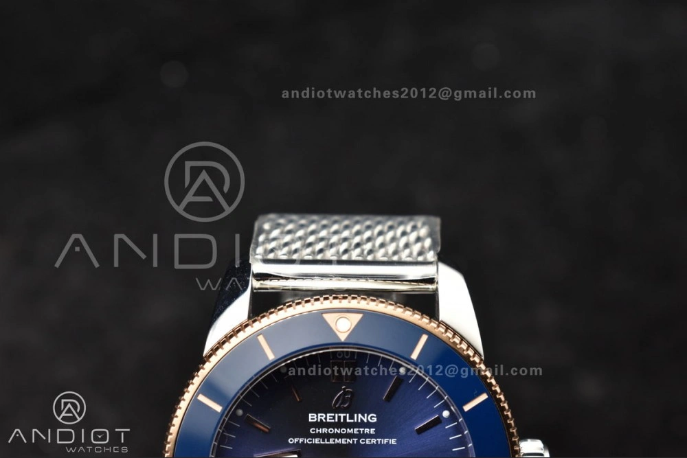 Supportive SuperOcean Heritage II BLSF 42mm SS Blue Dial Blue Ceramic Bezel on RG Bezel and Mesh Bracelet A 204