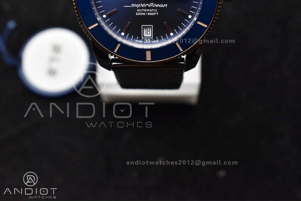 Supportive SuperOcean Heritage II BLSF 42mm SS Blue Dial Blue Ceramic Bezel on RG Bezel and Mesh Bracelet A 204