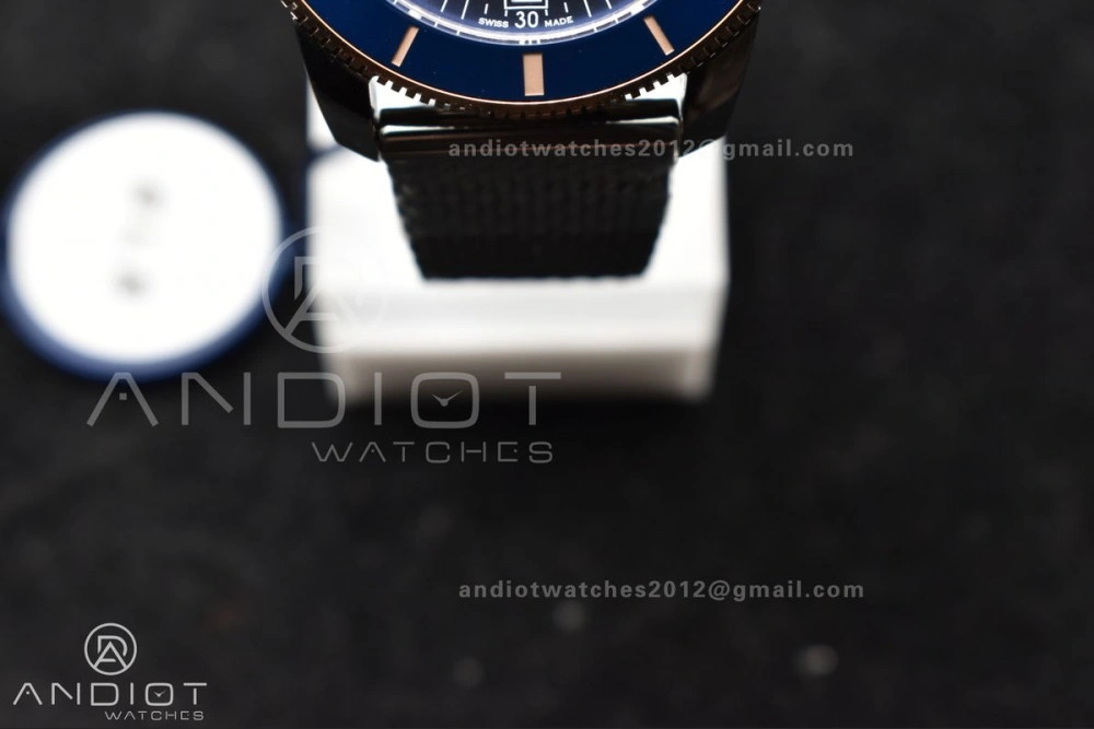 Supportive SuperOcean Heritage II BLSF 42mm SS Blue Dial Blue Ceramic Bezel on RG Bezel and Mesh Bracelet A 204