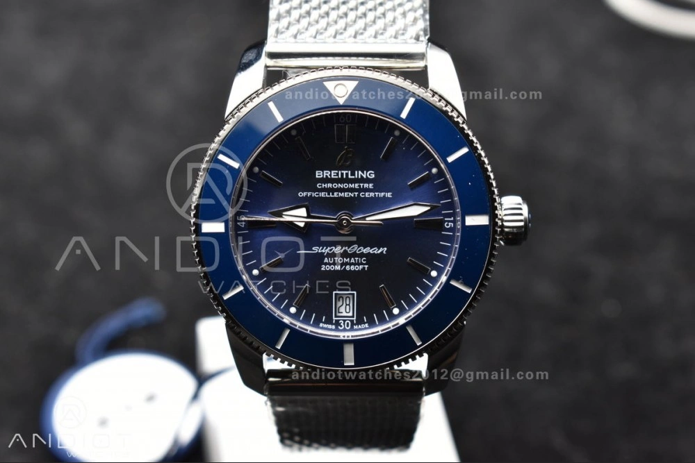 SuperOcean Heritage II BLSF 42mm SS Blue Dial Blue Ceramic Bezel on SS Mesh Bracelet A Lightweight 206