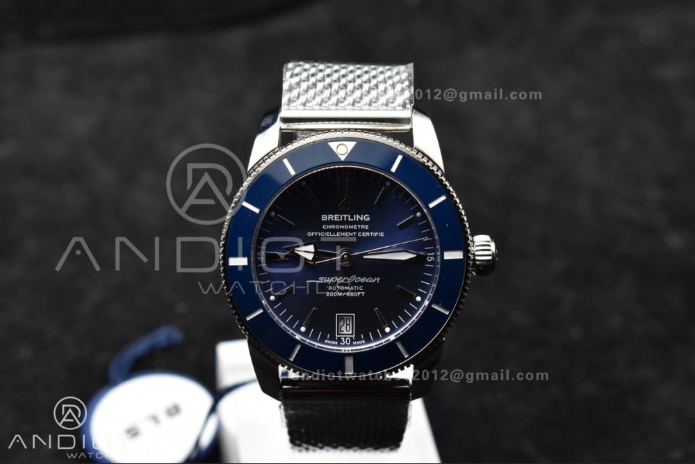 SuperOcean Heritage II BLSF 42mm SS Blue Dial Blue Ceramic Bezel on SS Mesh Bracelet A Lightweight 206