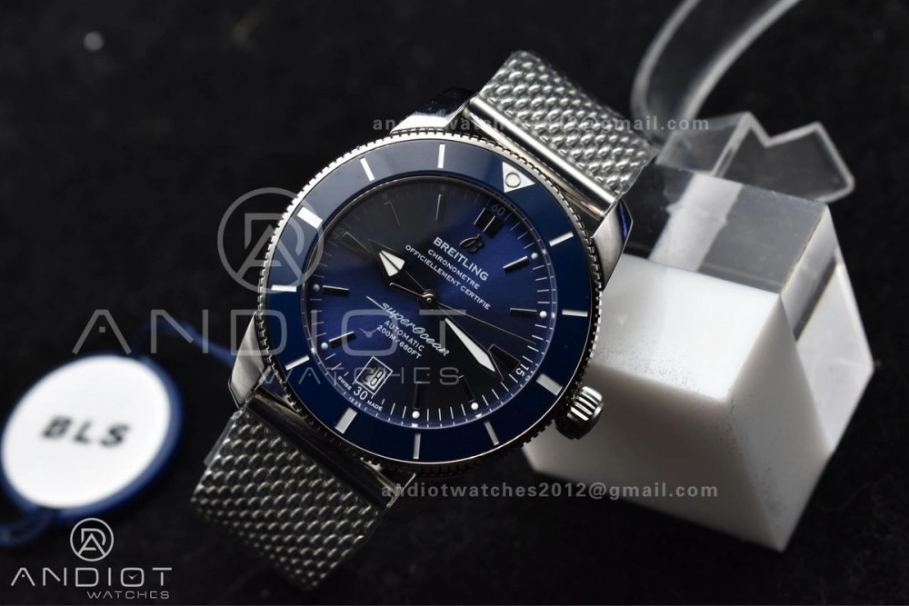 SuperOcean Heritage II BLSF 42mm SS Blue Dial Blue Ceramic Bezel on SS Mesh Bracelet A Lightweight 206