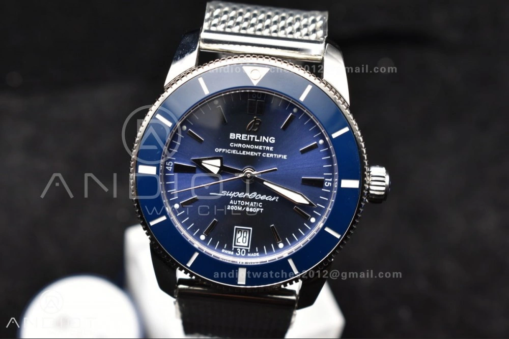 SuperOcean Heritage II BLSF 42mm SS Blue Dial Blue Ceramic Bezel on SS Mesh Bracelet A Lightweight 206