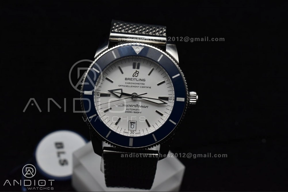 SuperOcean Heritage II BLSF 42mm SS White Dial Blue Ceramic Bezel on SS Mesh Bracelet A MultiPurpose 207