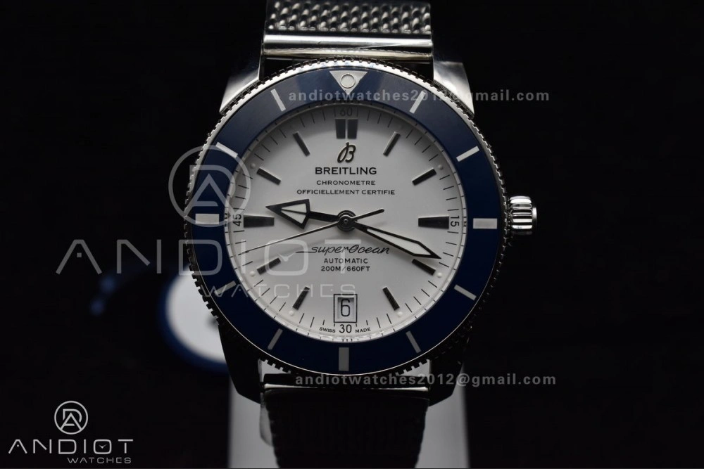 SuperOcean Heritage II BLSF 42mm SS White Dial Blue Ceramic Bezel on SS Mesh Bracelet A MultiPurpose 207