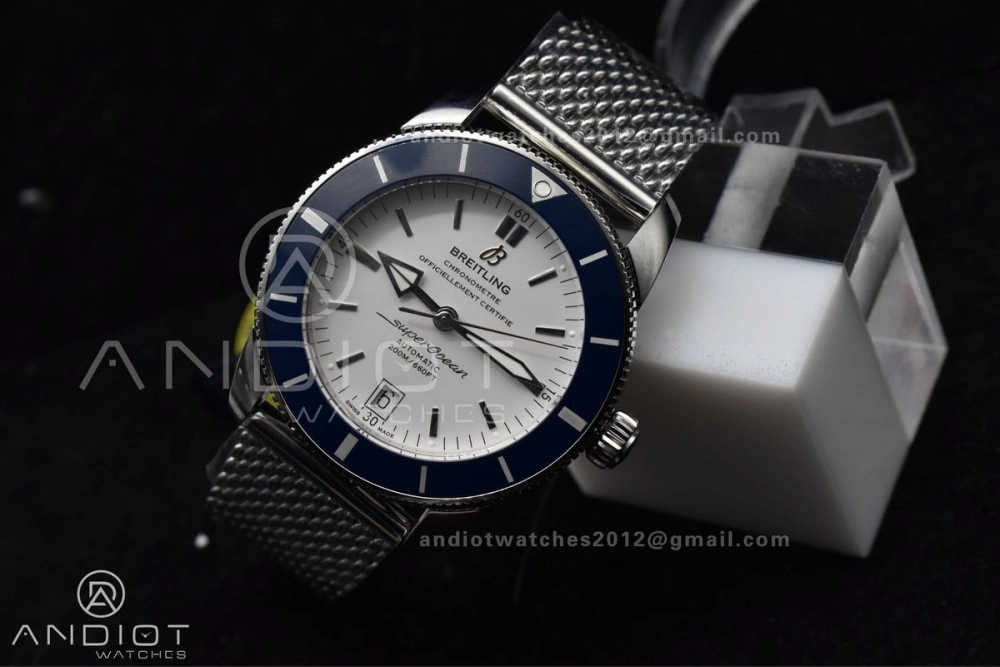 SuperOcean Heritage II BLSF 42mm SS White Dial Blue Ceramic Bezel on SS Mesh Bracelet A MultiPurpose 207