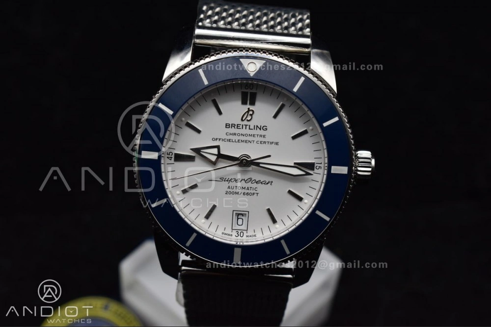 SuperOcean Heritage II BLSF 42mm SS White Dial Blue Ceramic Bezel on SS Mesh Bracelet A MultiPurpose 207