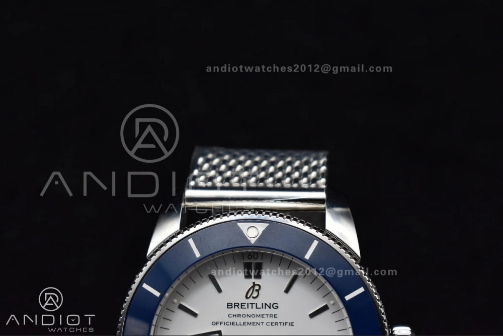 SuperOcean Heritage II BLSF 42mm SS White Dial Blue Ceramic Bezel on SS Mesh Bracelet A MultiPurpose 207
