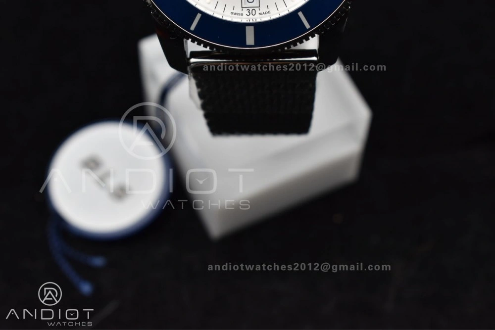 SuperOcean Heritage II BLSF 42mm SS White Dial Blue Ceramic Bezel on SS Mesh Bracelet A MultiPurpose 207