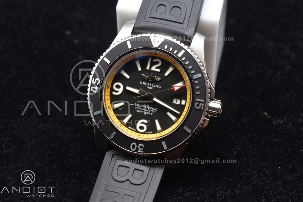 Superocean Automatic 44 TF 1:1 Best Edition Black Dial and Bezel with Yellow Rehaut On Black Rubber Strap A Comfortable 169