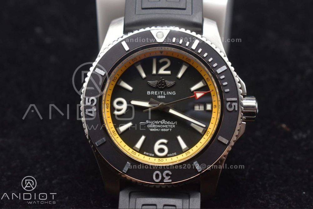 Superocean Automatic 44 TF 1:1 Best Edition Black Dial and Bezel with Yellow Rehaut On Black Rubber Strap A Comfortable 169