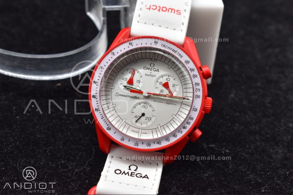 Chic Swatch x Omega Bioceramic Moonwatch Mission to Mars on Nylon Strap Quartz 89