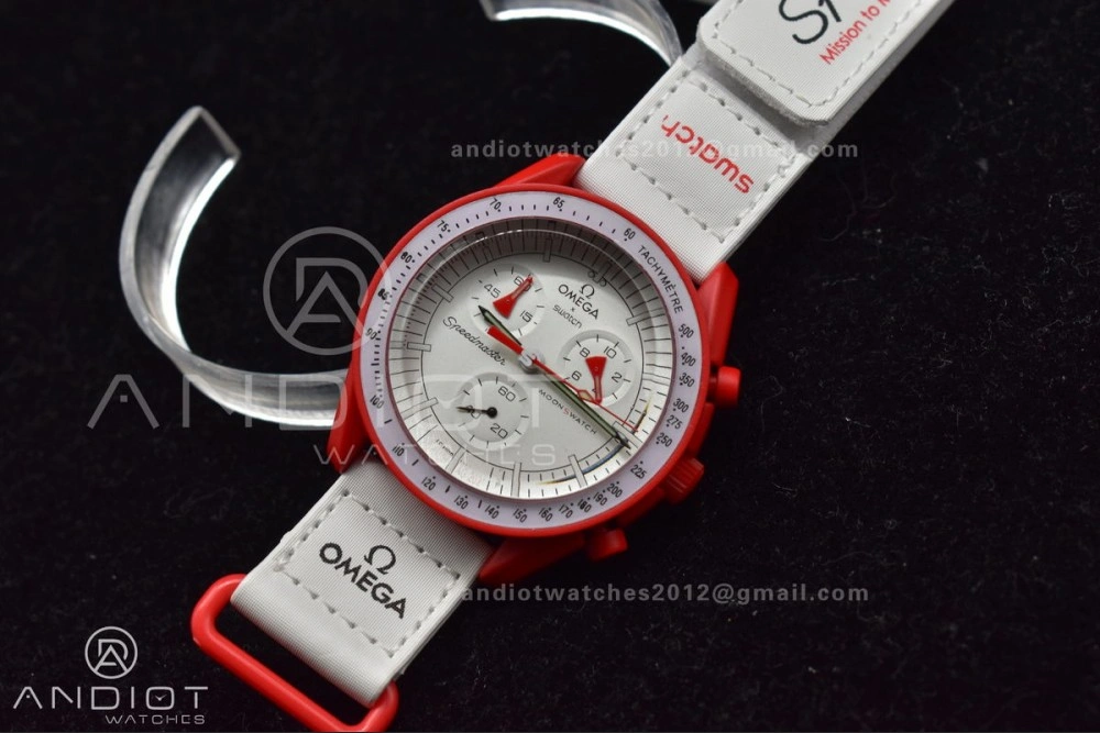 Chic Swatch x Omega Bioceramic Moonwatch Mission to Mars on Nylon Strap Quartz 89