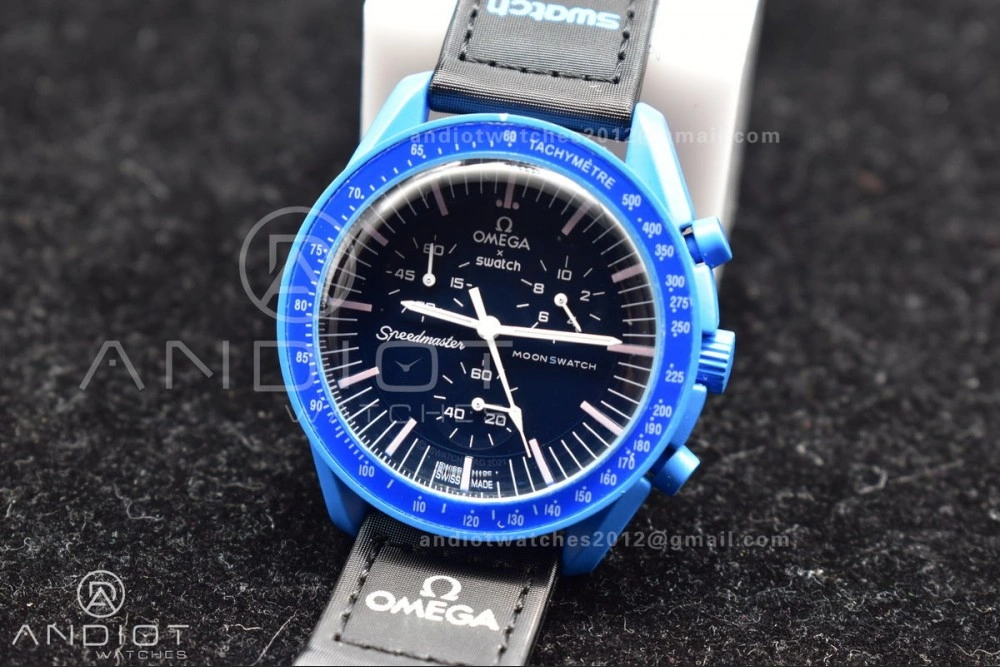 Supportive Swatch x Omega Bioceramic Moonwatch Mission to Neptune on Nylon Strap Quartz 136