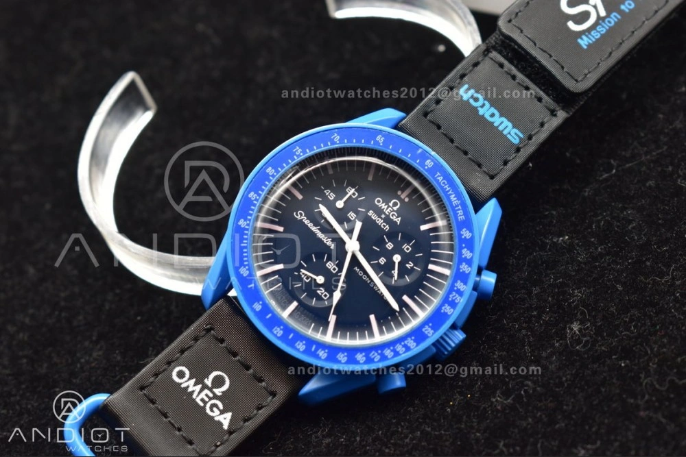 Supportive Swatch x Omega Bioceramic Moonwatch Mission to Neptune on Nylon Strap Quartz 136