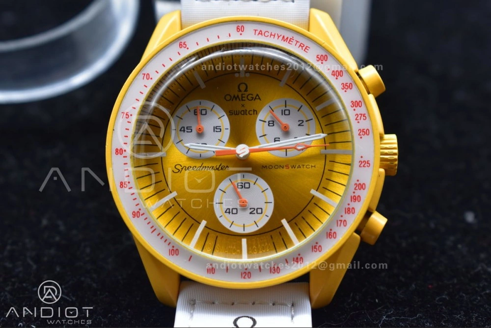 FlexibleFit Swatch x Omega Bioceramic Moonwatch Mission to the Sun on Nylon Strap Quartz 90